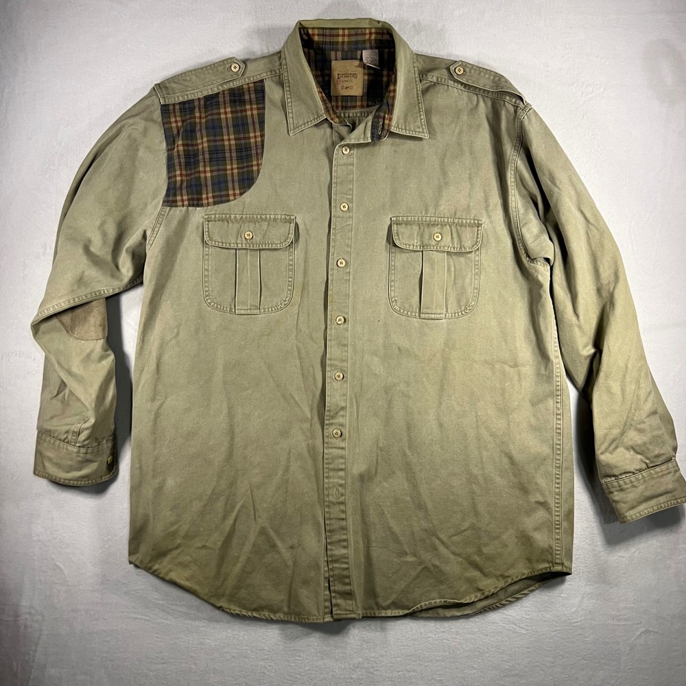 Expedition Mens L Khaki Shooting Shirt Elbow‎ Patches Button Up Casual Outdoor